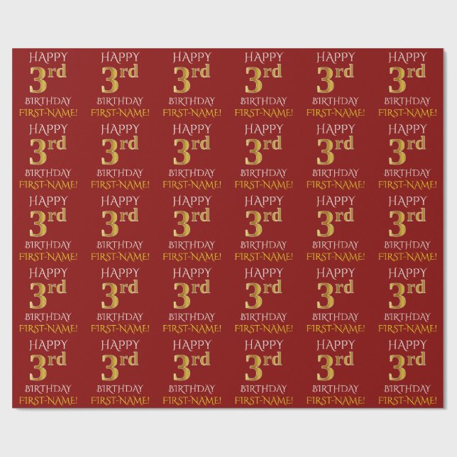 Rot, Imitate Gold "HAPPY 3. BIRTHDAY" Geschenkpapier (Flach)