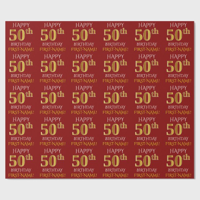 Rot, Imitate Gold "HAPPY 50. BIRTHDAY" Geschenkpapier (Flach)