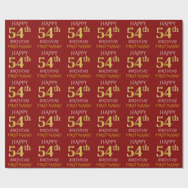 Rot, Imitate Gold "HAPPY 54. BIRTHDAY" Geschenkpapier (Flach)