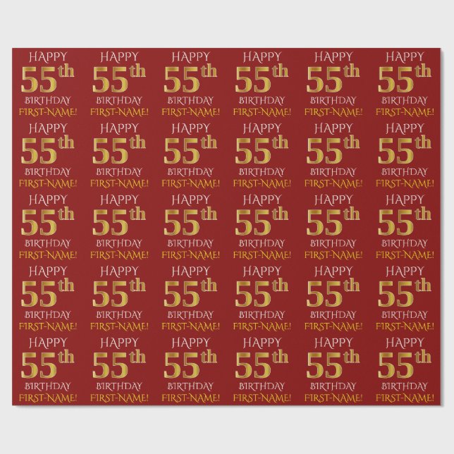 Rot, Imitate Gold "HAPPY 55. BIRTHDAY" Geschenkpapier (Flach)