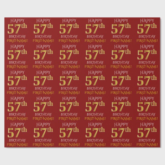Rot, Imitate Gold "HAPPY 57. BIRTHDAY" Geschenkpapier (Flach)