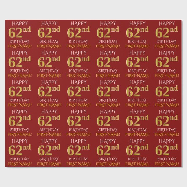 Rot, Imitate Gold "HAPPY 62. BIRTHDAY" Geschenkpapier (Flach)