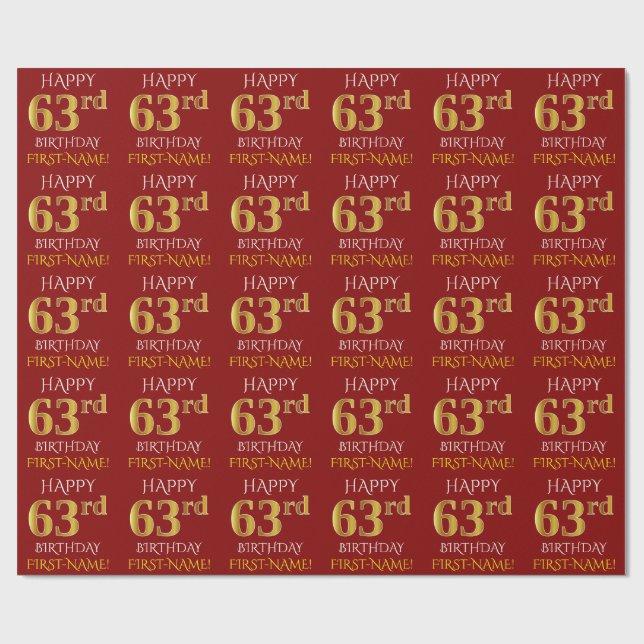 Rot, Imitate Gold "HAPPY 63. BIRTHDAY" Geschenkpapier (Flach)