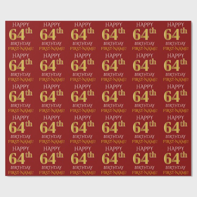 Rot, Imitate Gold "HAPPY 64. BIRTHDAY" Geschenkpapier (Flach)