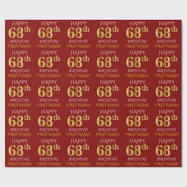Rot, Imitate Gold "HAPPY 68. BIRTHDAY" Geschenkpapier (Flach)