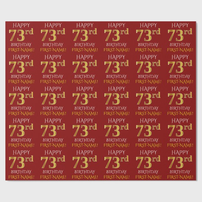 Rot, Imitate Gold "HAPPY 73. BIRTHDAY" Geschenkpapier (Flach)