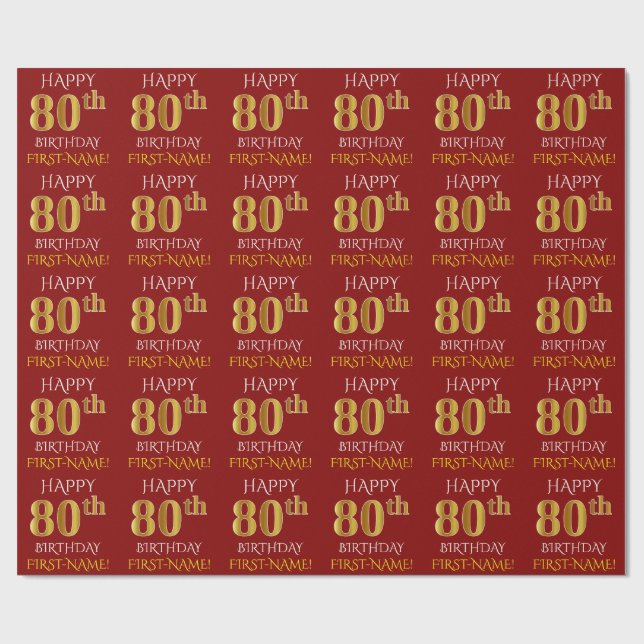 Rot, Imitate Gold "HAPPY 80. BIRTHDAY" Geschenkpapier (Flach)