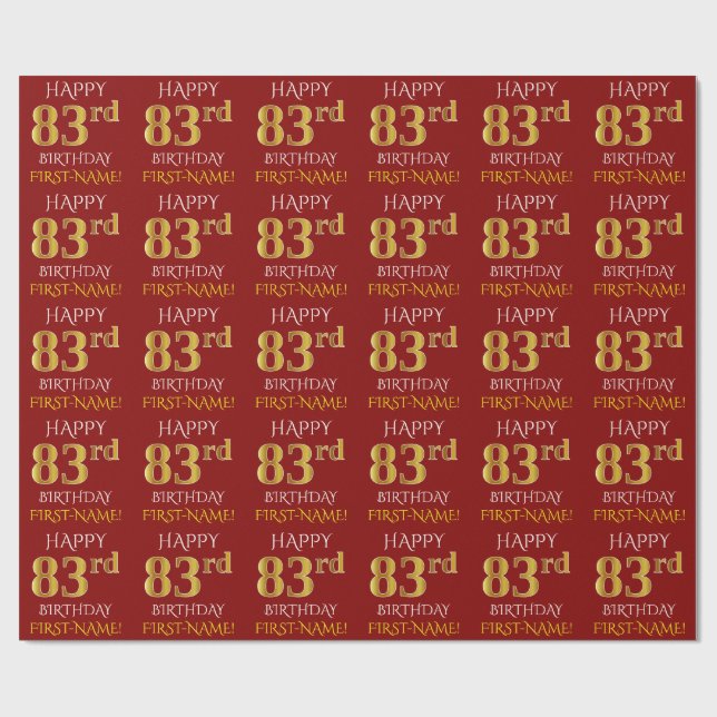 Rot, Imitate Gold "HAPPY 83. BIRTHDAY" Geschenkpapier (Flach)