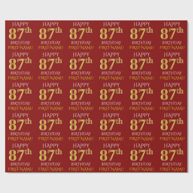 Rot, Imitate Gold "HAPPY 87. BIRTHDAY" Geschenkpapier (Flach)