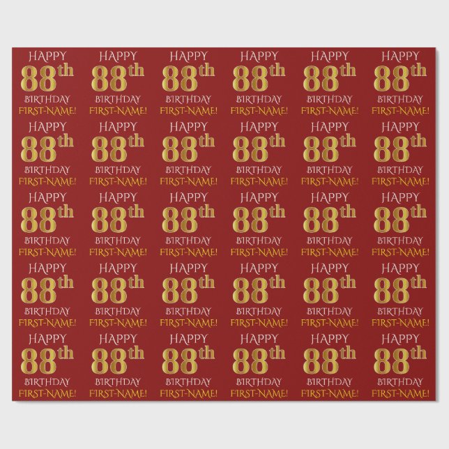Rot, Imitate Gold "HAPPY 88. BIRTHDAY" Geschenkpapier (Flach)