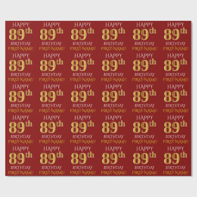 Rot, Imitate Gold "HAPPY 89. BIRTHDAY" Geschenkpapier (Flach)