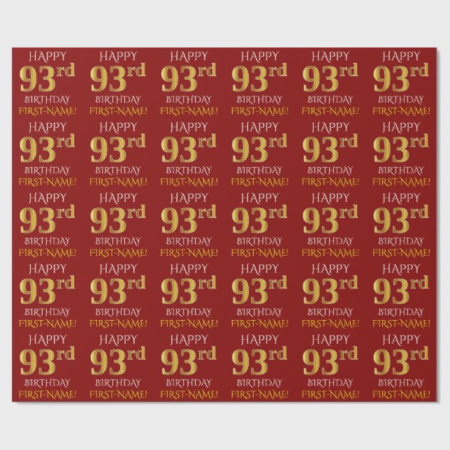 Rot, Imitate Gold "HAPPY 93. BIRTHDAY" Geschenkpapier (Flach)