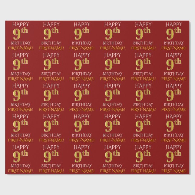 Rot, Imitate Gold "HAPPY 9th GEBTHDAY" Geschenkpapier (Flach)