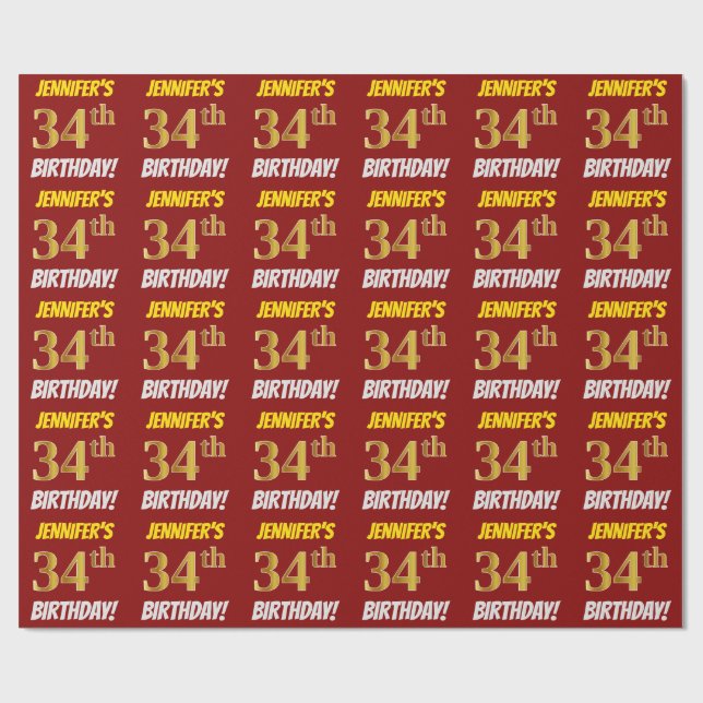 Rot, Imitate/Nachahmungen Gold, "34. BIRTHTAG" Geschenkpapier (Flach)