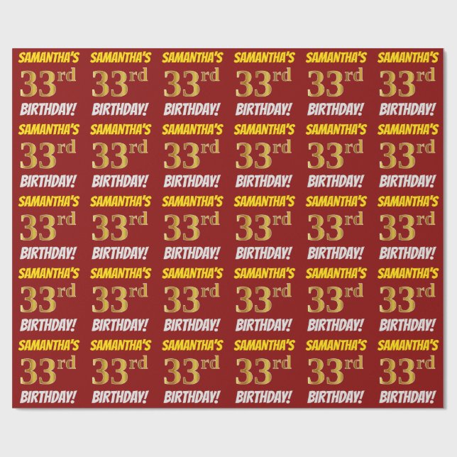 Rot, Imitate/Nachahmungs-Gold, "33. BIRTHTAG" Geschenkpapier (Flach)