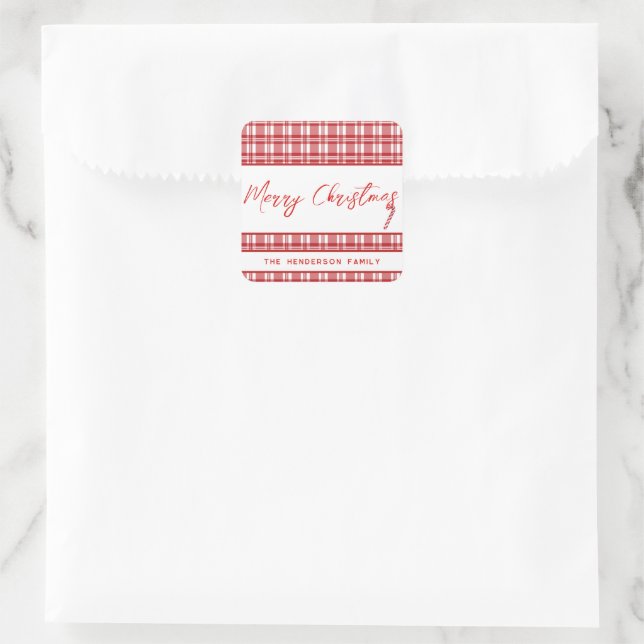 Rot Kariert Frohe Weihnachten | Candy Cane Quadratischer Aufkleber (Tasche)