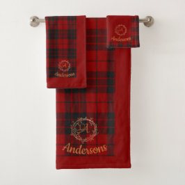 Rot Kariert mit Familienname Monogram Badhandtuch Set
