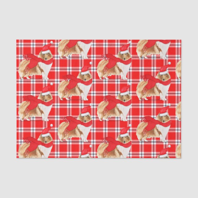 Rot Kariert und Weihnachten Rough Collie Lover Hol Seidenpapier (Vorderseite)