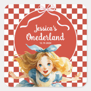 Rot karierte Alice in ONEDERLAND 1. Geburtstag  Quadratischer Aufkleber