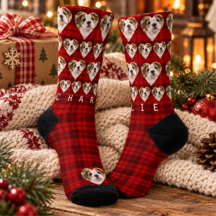 Rot karierte Weihnachts-Foto-Name Haustier Socken
