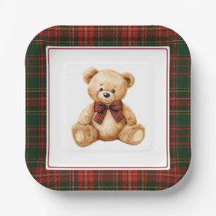 Rot kariertes Weihnachts-Teddybär-Baby-Shower Pappteller