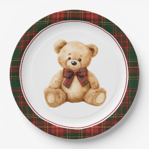 Rot kariertes Weihnachts-Teddybär-Baby-Shower Pappteller
