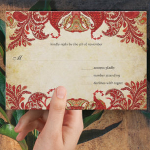 Rot, Limette und Orange Vintage Paisley Pfau RSVP Karte