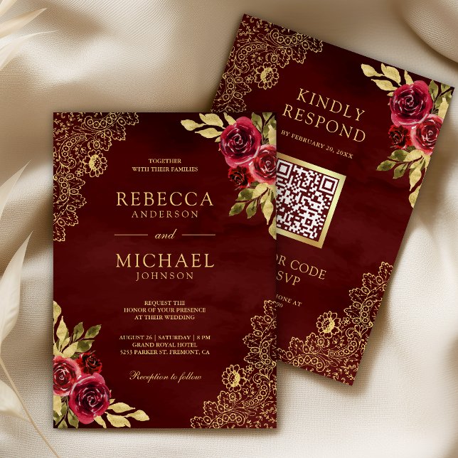 Rot Marone Blumen Gold Spitze QR Code Hochzeit Einladung (Von Creator hochgeladen)