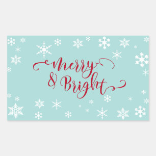 Rot Merry & Bright mit weißen Schneeflocken auf Bl Rechteckiger Aufkleber