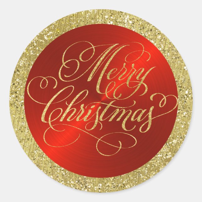 Rot mit Gold Border und frohe Weihnachten Runder Aufkleber (Vorderseite)