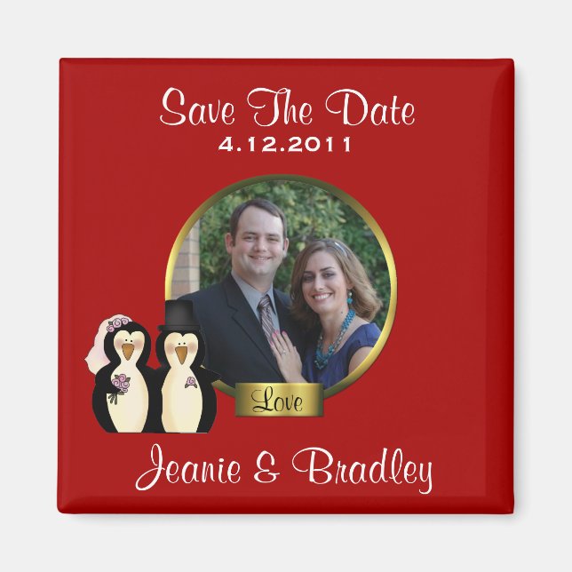 Rot mit Pinguinen Speichern Sie das Date Magnet (Vorne)