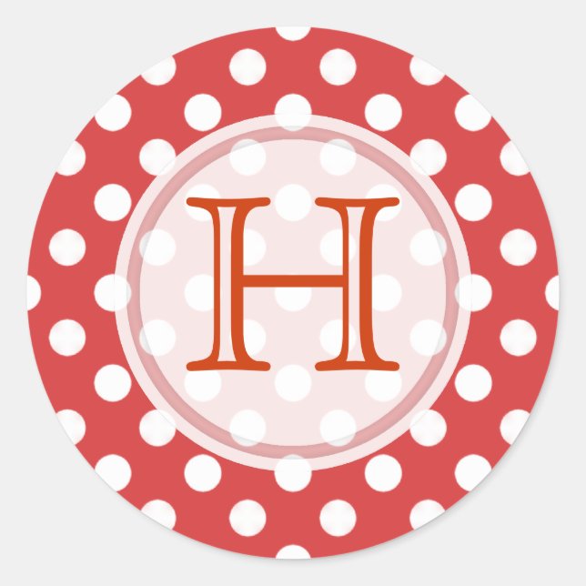 Rot mit weißen Polka-Dot-Monogramm-Aufklebern Runder Aufkleber (Vorderseite)