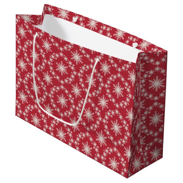 Rot mit weißen Schneeflocken Geschenktasche - Groß Große Geschenktüte (Vorderseite Schrägansicht)