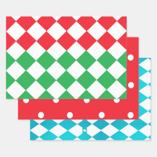 Rot mit weißen Tupfen, Aquamarin Karomuster Geschenkpapier Set
