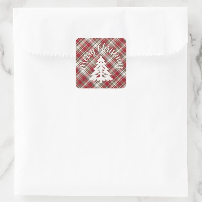 Rot, Mocha & Cream Kariert - Frohe Weihnachten + B Quadratischer Aufkleber (Tasche)
