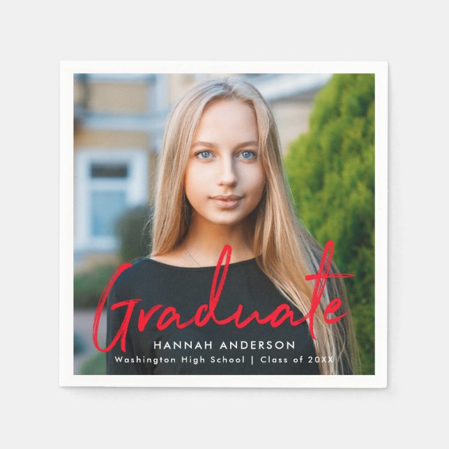 Rot | Moderner Brush Script Foto Abschluss Serviette (Vorderseite)