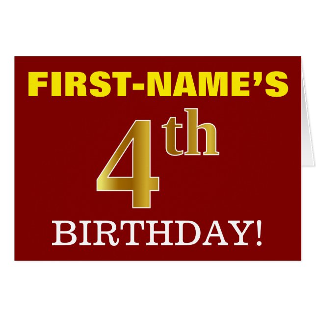 Rot, Nachahmung Gold "4. BIRTHDAY" Geburtstagskart (Vorderseite (Horizontal))