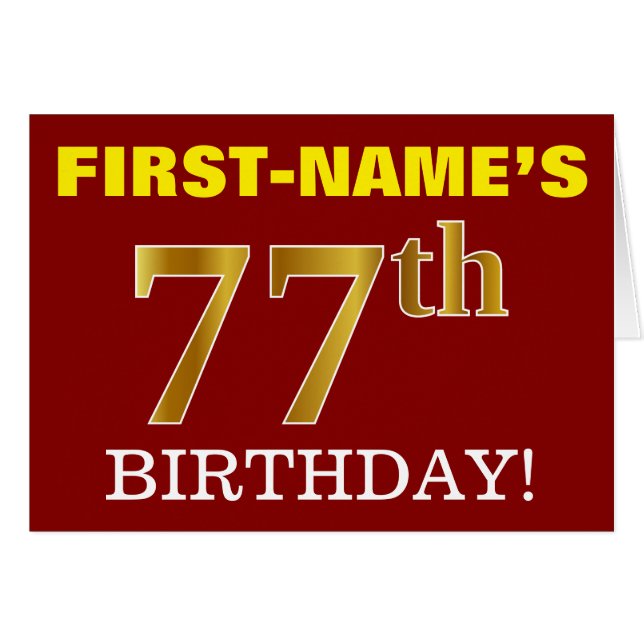 Rot, Nachahmung Gold "77. BIRTHDAY" Geburtstagskar (Vorderseite (Horizontal))