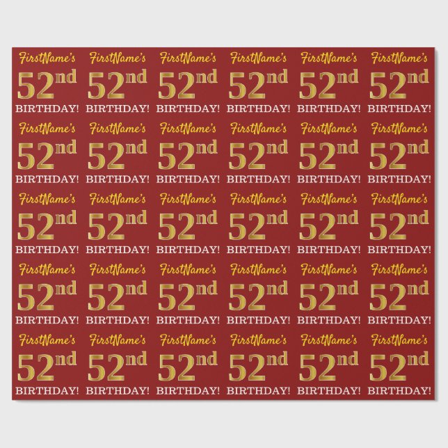 Rot, Nachahmung Gold sehen "52. GEBURTSTAG" aus Geschenkpapier (Flach)