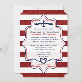 Rot, Navy Nautical, IMITAT Burlap Stripes Wedding Einladung