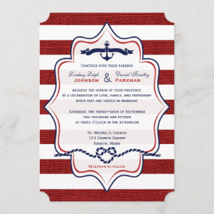 Rot, Navy Nautical, IMITAT Burlap Stripes Wedding Einladung