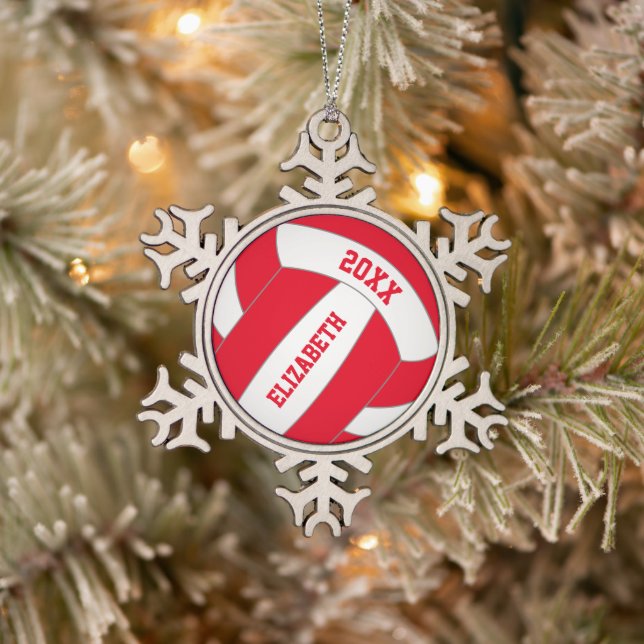 Rot oder JEDES personalisierte Mädchenvolleyball Schneeflocken Zinn-Ornament (Baum)