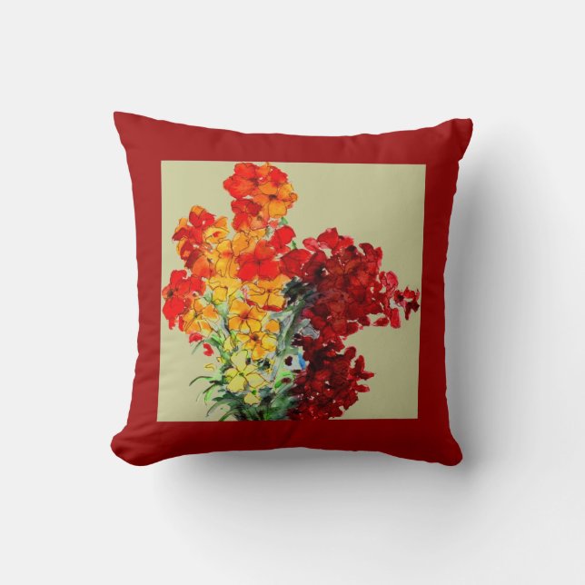 Rot, Orange, Burgund, Aquarellblumen Kissen (Vorderseite)