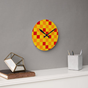 Rot Orange Gelb Karomuster Design  Runde Wanduhr