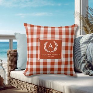 Rot-Orange Gingham Monogramm-Wappen Kissen