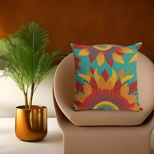 Rot-orange-goldfarbene aquamarin-blaue Blumen im m Kissen
