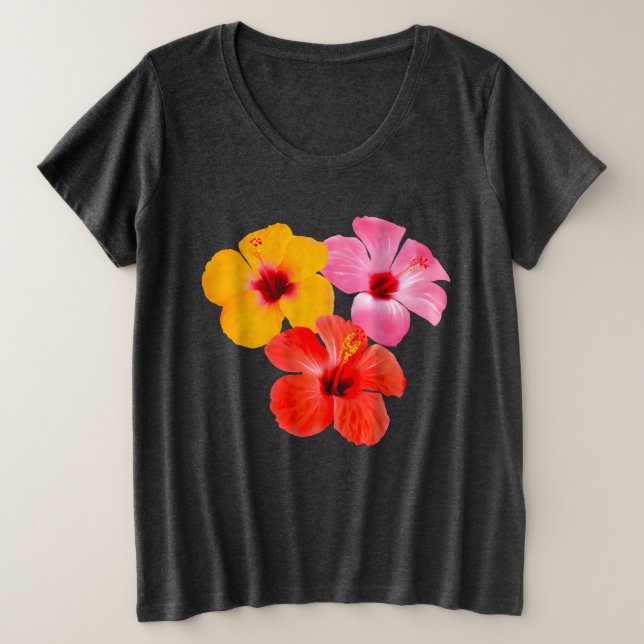 Rot Orange Pink Hibiskus Blumen Große Größe T-Shirt (Design vorne)