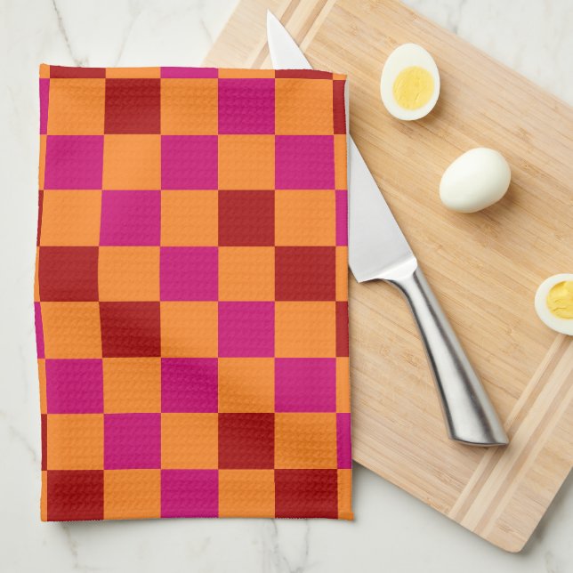 Rot Orange Pink Kariertes Muster Design  Geschirrtuch (Viertel Falte)