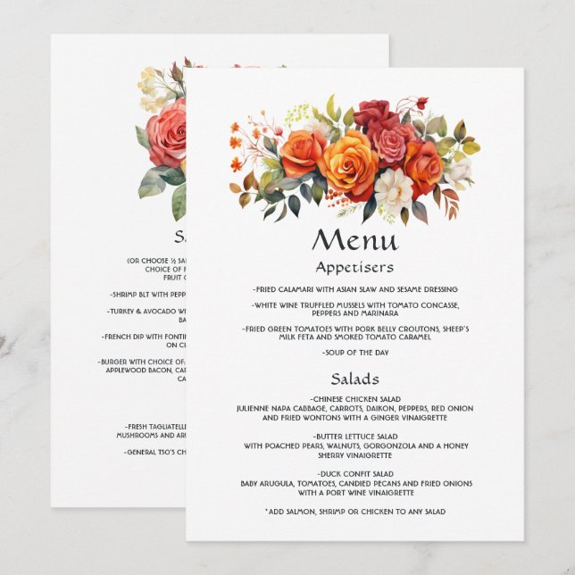 Rot, Orange und Sage Floral Menükarte (Vorne/Hinten)