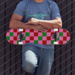 Rot Pink Grün Kariertes Musterdesign  Skateboard